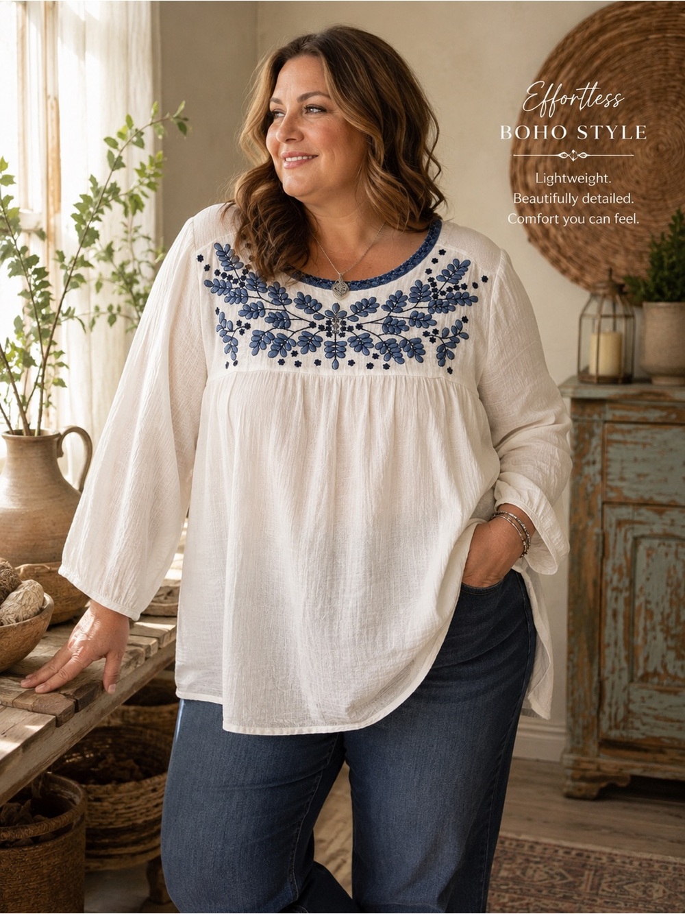Lucky Brand NWT 2X 2XL White Cotton Gauze Embroidered Boho Peasant Top